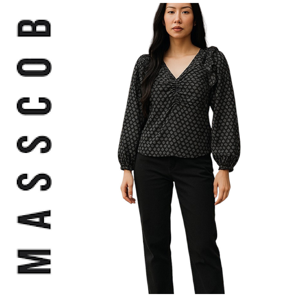 Masscob Sz XS Black & White Ditsy Floral Printed 100% Silk Ruffle Blouse Top